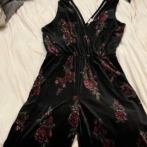 Xhilaration Black and Burgundy Floral Jumpsuit